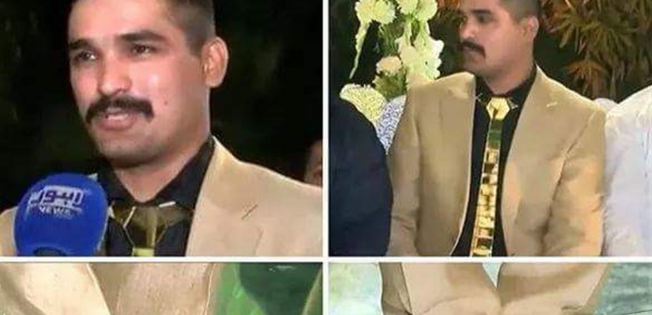 بالفيديو.. عريس يرتدي حذاء وربطة عنق من ذهب!